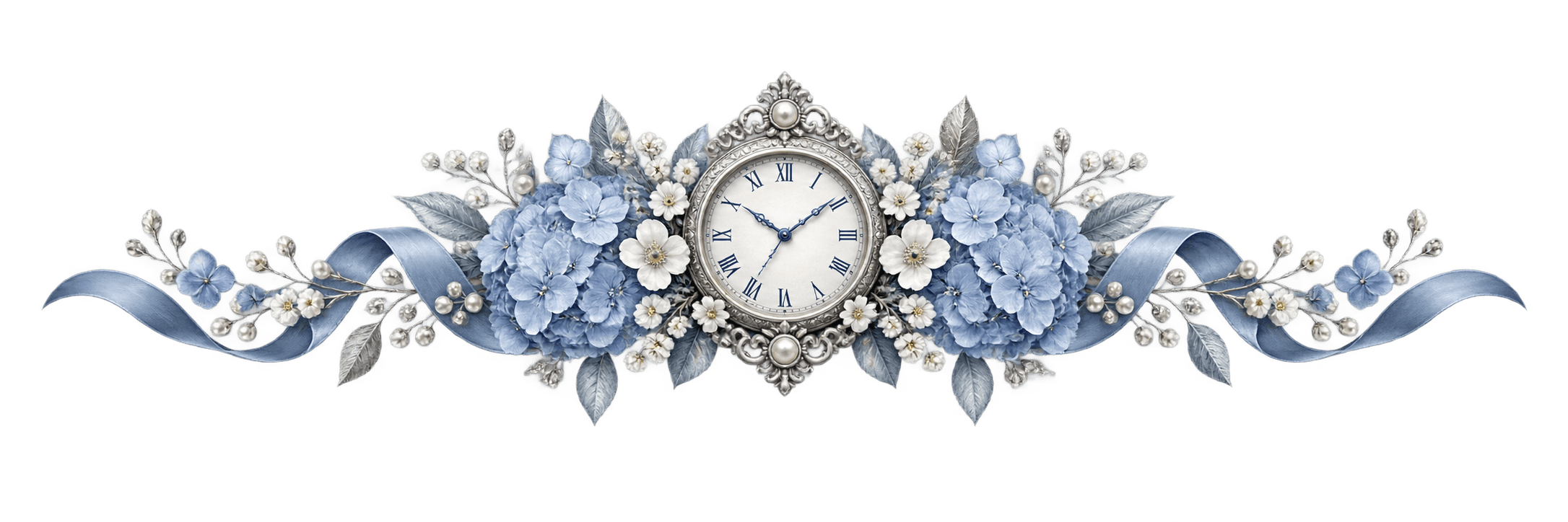 Silver clock with blue hydrangeas and silk ribbon
