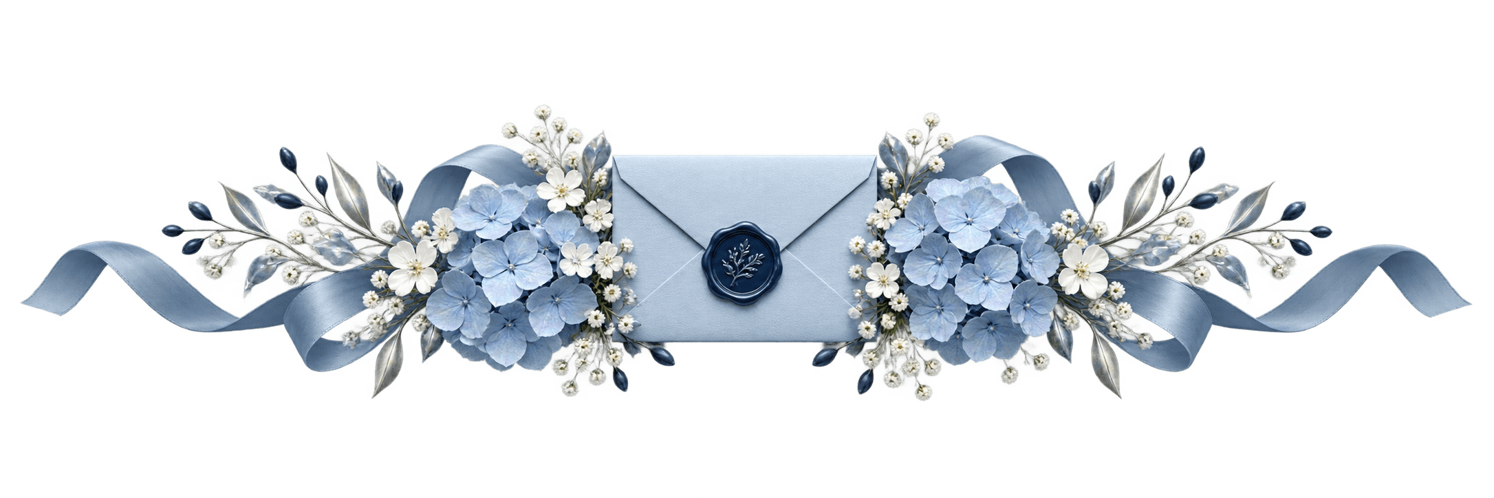Blue invitation envelope with a navy wax seal and hydrangeas