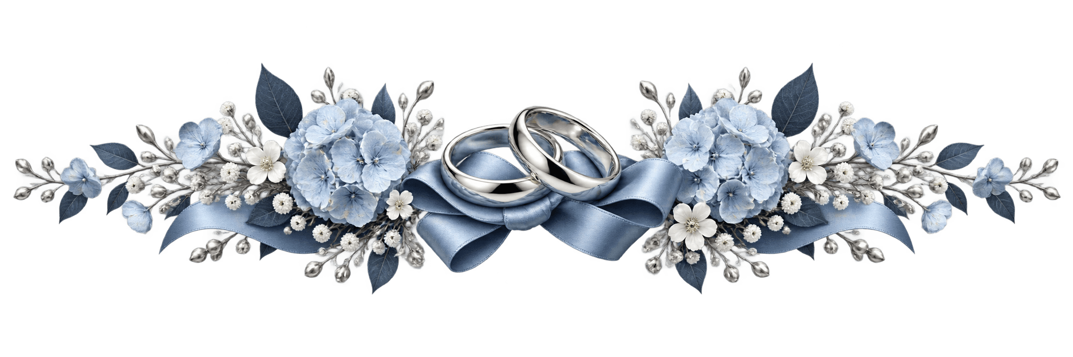 Platinum wedding rings with blue hydrangeas and silk ribbon